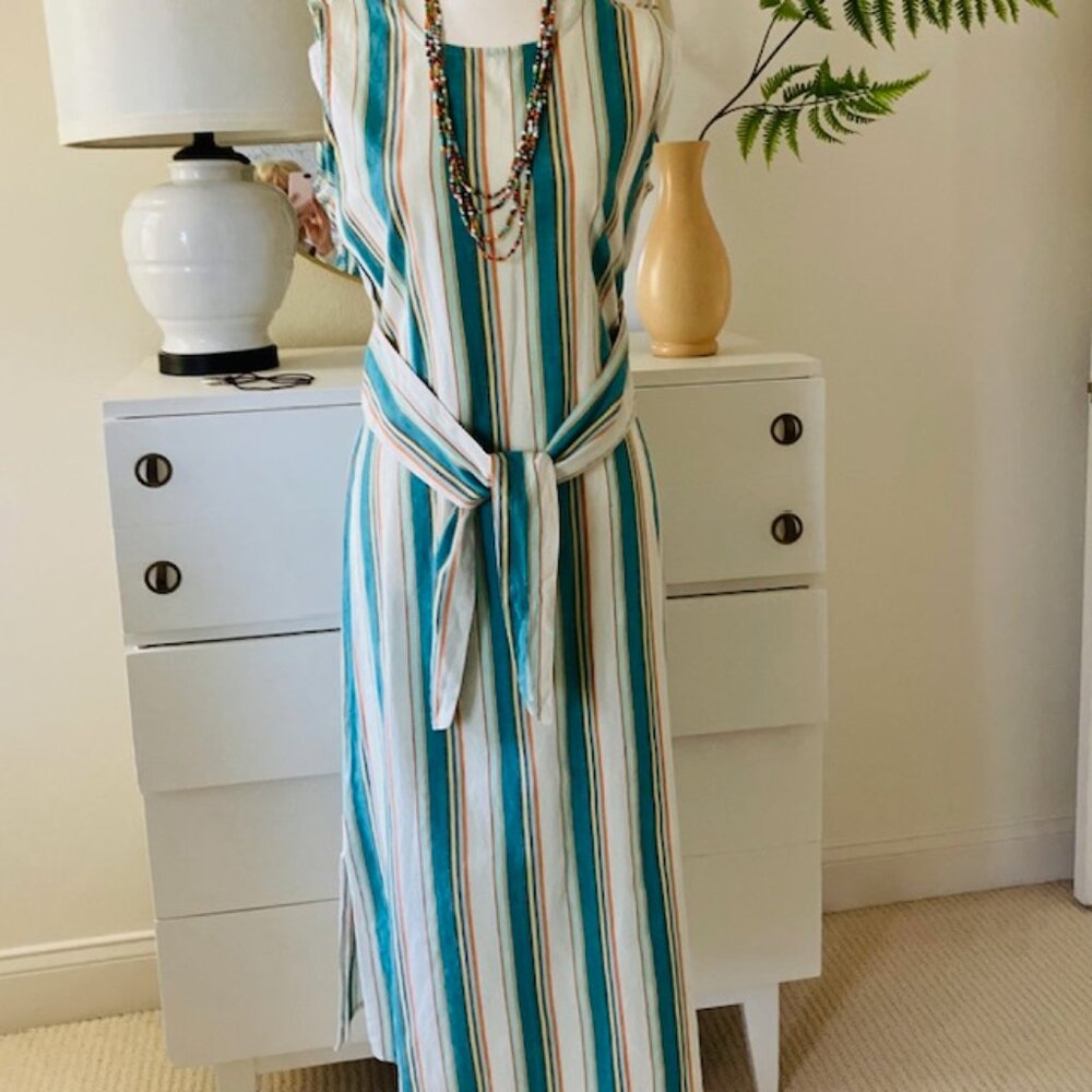 Harlow and Rose cotton midi dress turquoise striped women's size Med
